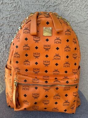 MCM Orange Visetos Logo Backpack with Gold Plate